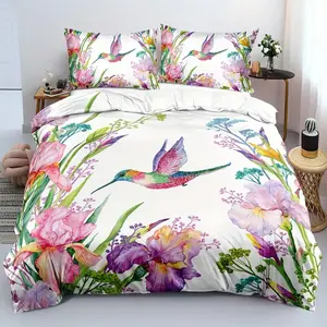 2D Print 3-Piece Iris Flower & Hummingbird Pattern Bedding Set, Soft Breathable Polyester Fabric, All-Season Use