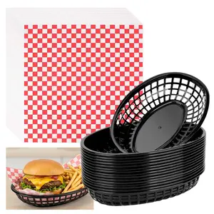 1set 15 Pack Oval Fast Food Baskets 100 Red Food Basket Liners Plastic Deli Chip Baskets Food Service Tray Holder for Burgers, Fries, Snacks, Sandwiches, Burgers, Nachos, Picnic