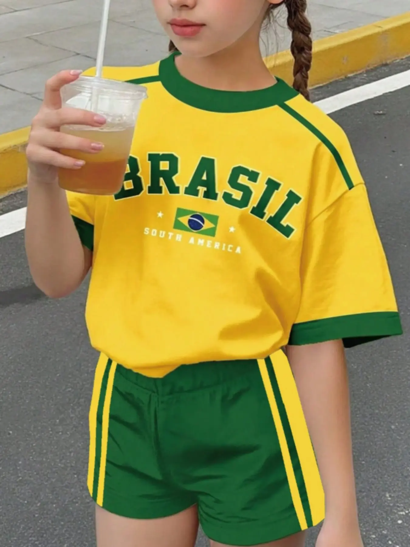 Teen Girls Casual Fitted Suit, Bright Retro Brazil Letter Print, Short Sleeve T-Shirt & Shorts Set, All Seasons, Summer Set