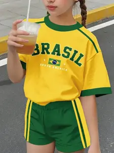 Teen Girls Casual Fitted Suit, Bright Retro Brazil Letter Print, Short Sleeve T-Shirt & Shorts Set, All Seasons
