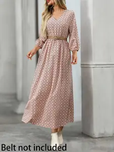 Spring New Elegant Chic V-Neck Long Dress, Casual Chic Fitted Waist-Cinch Slimming Dress, Casual Print Long Sleeve Dress for Women, No Belt Included, Womenswear