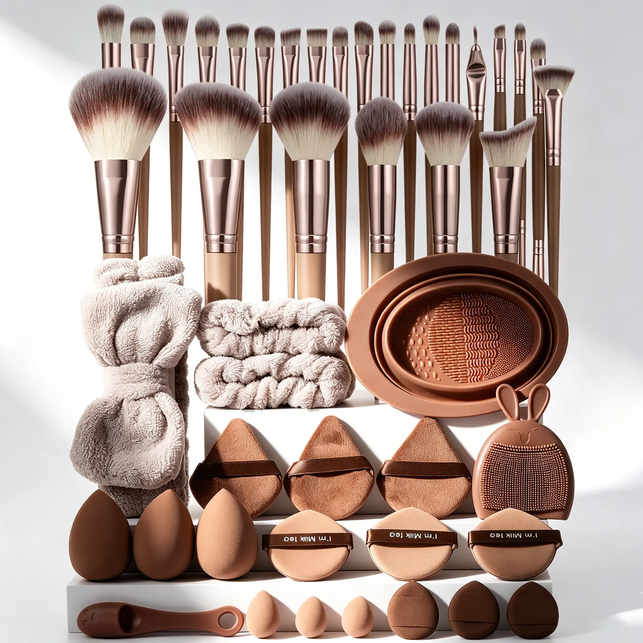Milk Tea Brown All-In-One Makeup & Makeup Brush Set Beauty Sponges Powder Puffs Plush Hairband Wristbands Silicone Brush Cleaner Facial Cleansing Brush for Daily Full Face Use