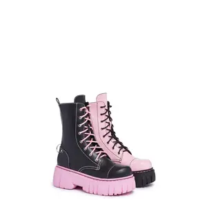 Devil Games Mismatched Combat Boots - Black/Pink