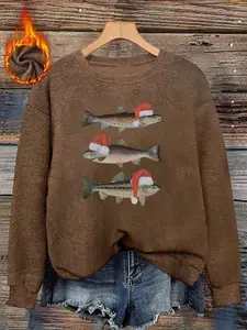 Women's Christmas Trout Print Sweater, Long Sleeve Round Neck Pullover, Soft Elastic Fabric, Casual Fall & Winter Top