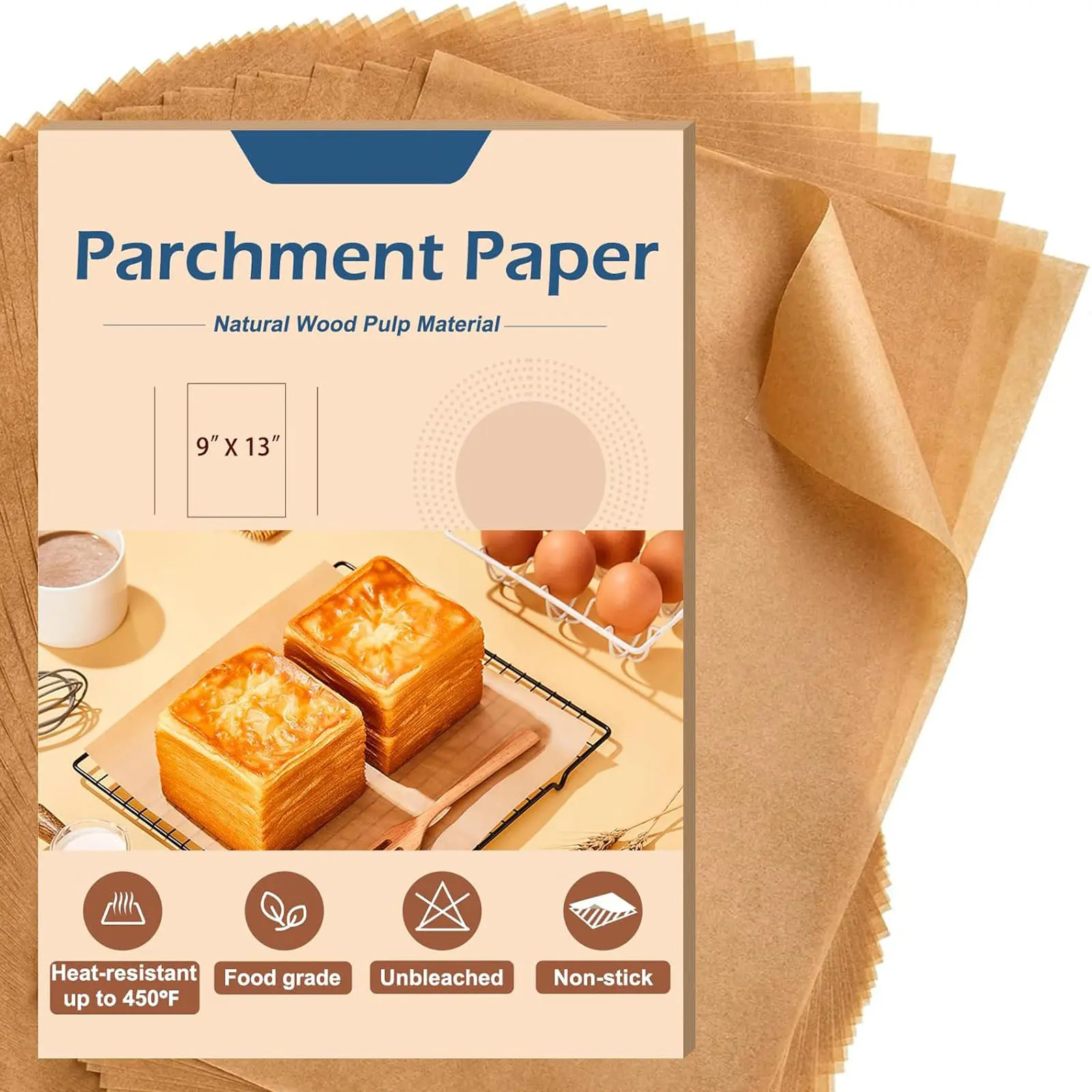 100 PCS Parchment Paper Sheets, 9x13 In Non-Stick Precut Baking Parchment for Baking, Grilling, Air Fryer, Steaming, and More (Unbleached) - Quarter Sheet Size, Perfect for Bread, Cakes, Cookies