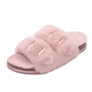 Women's Fuzzy Slippers Cork Footbed Fluffy Slides Comfy Open Toe Indoor Outdoor House Shoes with Arch Support Girl Comfort Pink Walking Shoes Lazy Chic Adjustable Buckles Easy Match Modern Elegant