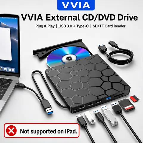 8-in-1 Wired Compact Plastic External CD/DVD Drive for Laptops - USB 3.0 & Type-C Burner/Player, SD Card Reader, Accessing Multimedia Files, Backing Up Data, Home Office Essential (Windows 11/10/8/7, Linux, macOS Compatible)