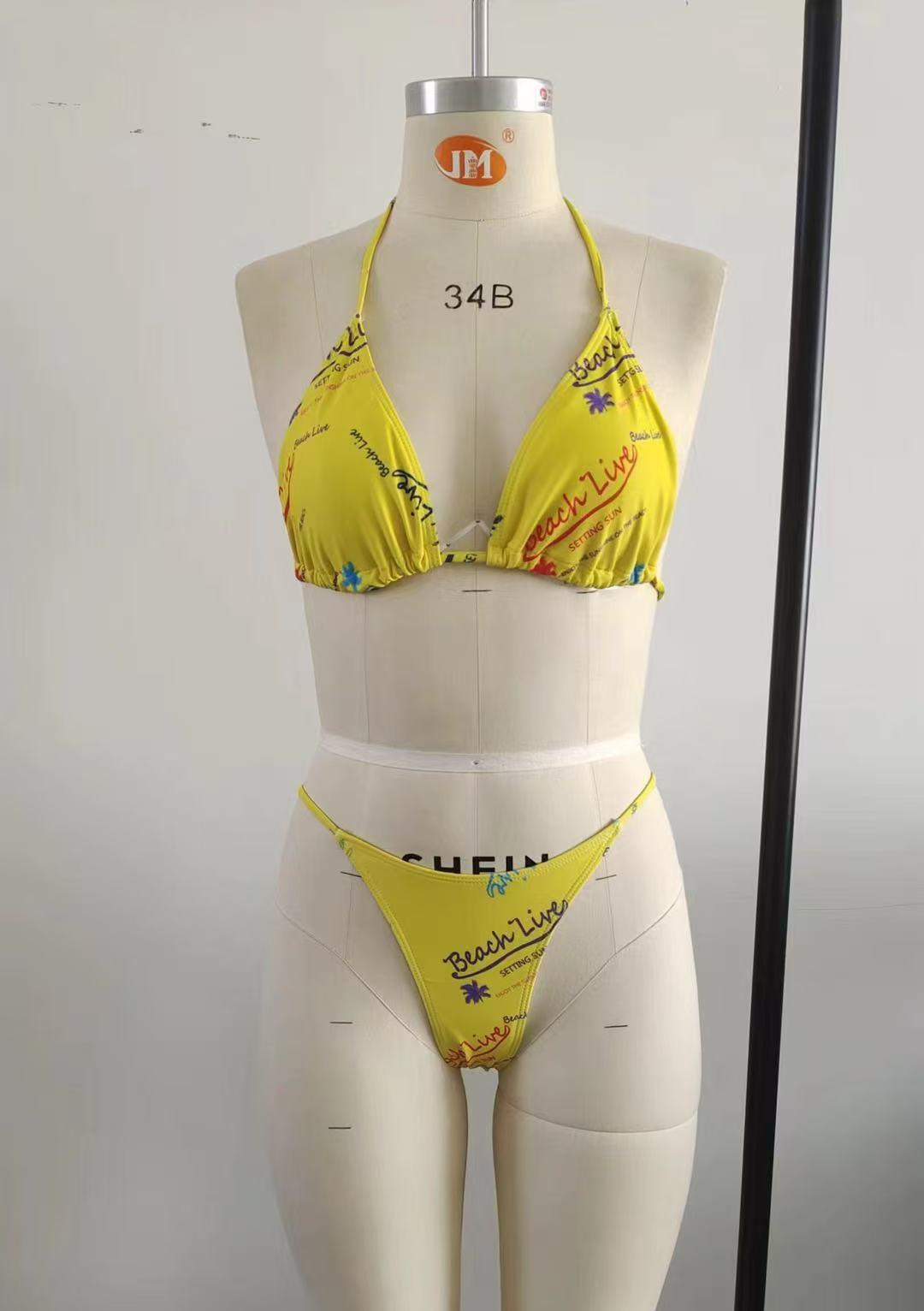 Women's 3-piece swimsuit set - tropical style | yellow printed bikini, high waist to show figure, adjustable neck tie, quick drying fabric | suitable for summer beach vacations, pool parties | swimsuit