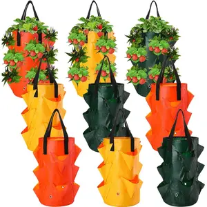 9 Pcs Hanging Strawberry Planter 3 Gallon Strawberry Upside Down Planter Plastic Strawberry Grow Bags with Handles Foldable Planting Container for Tomato Herb Vegetables Flower Gardening