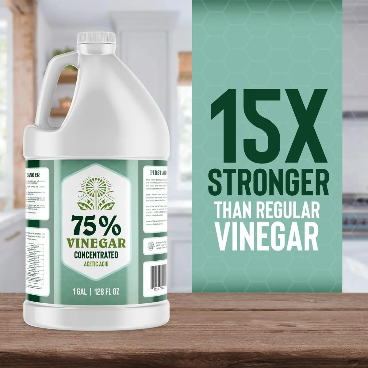 75% Concentrate Vinegar Cleaner - 1 Gal (4 x 32oz Bottles), Strong Industrial Heavy-Duty Solution, All-Purpose Descaler, Odour Control & Weed Remover, Surface Cleaner for Indoors/Outdoors