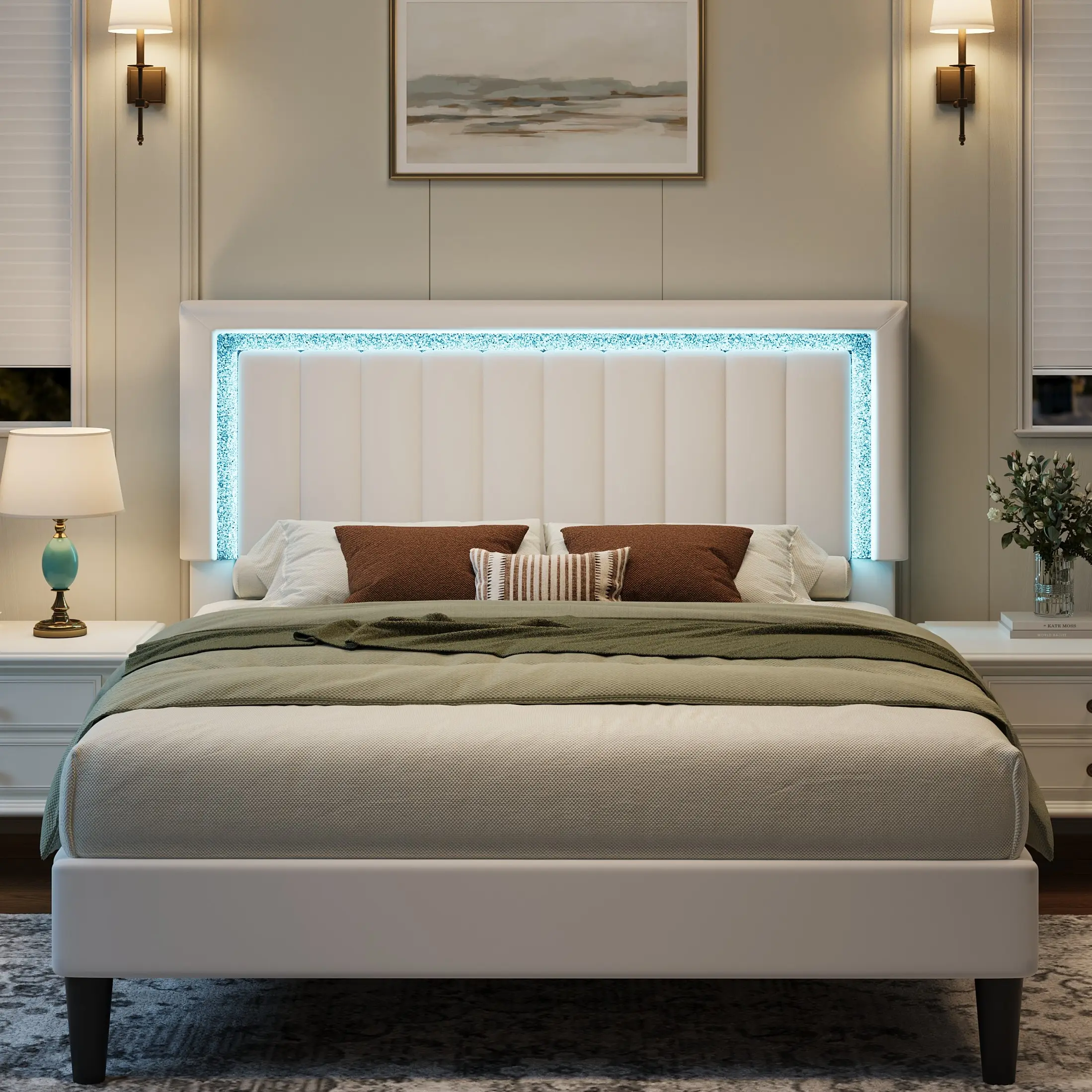 MUTICOR  Channel Tufting Velvet Platform Bed with LED  – Adjustable Headboard, Durable Wood Support, No Box Spring (Fits Full/Queen/King) – Available in Pink, White, & Black