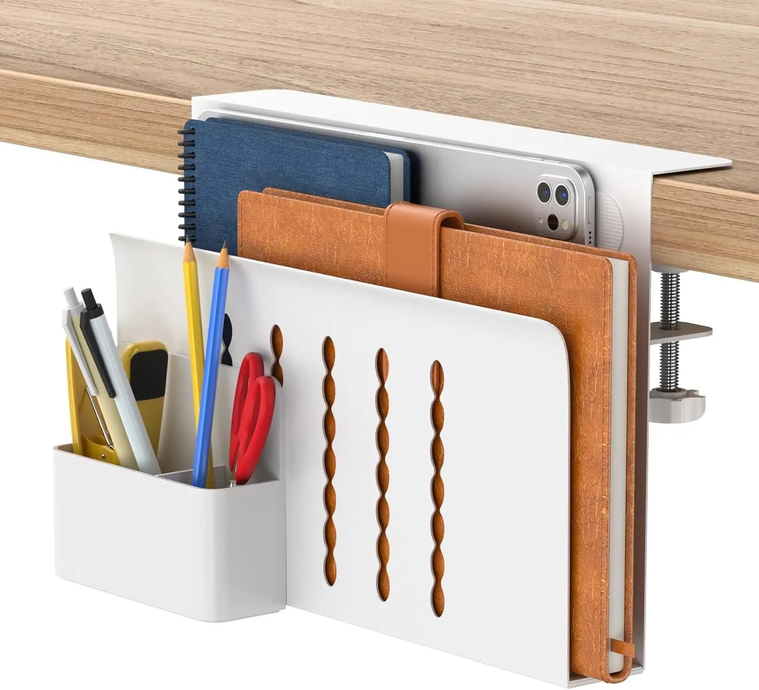 Desk Side Storage, Single-Layer Steel Hanging Desk Organizer with Magnetic Pen Holder, No Drilling Desk Drawer Cable Management Tray, Under Desk Laptop Holder for Office, School&Home(White)