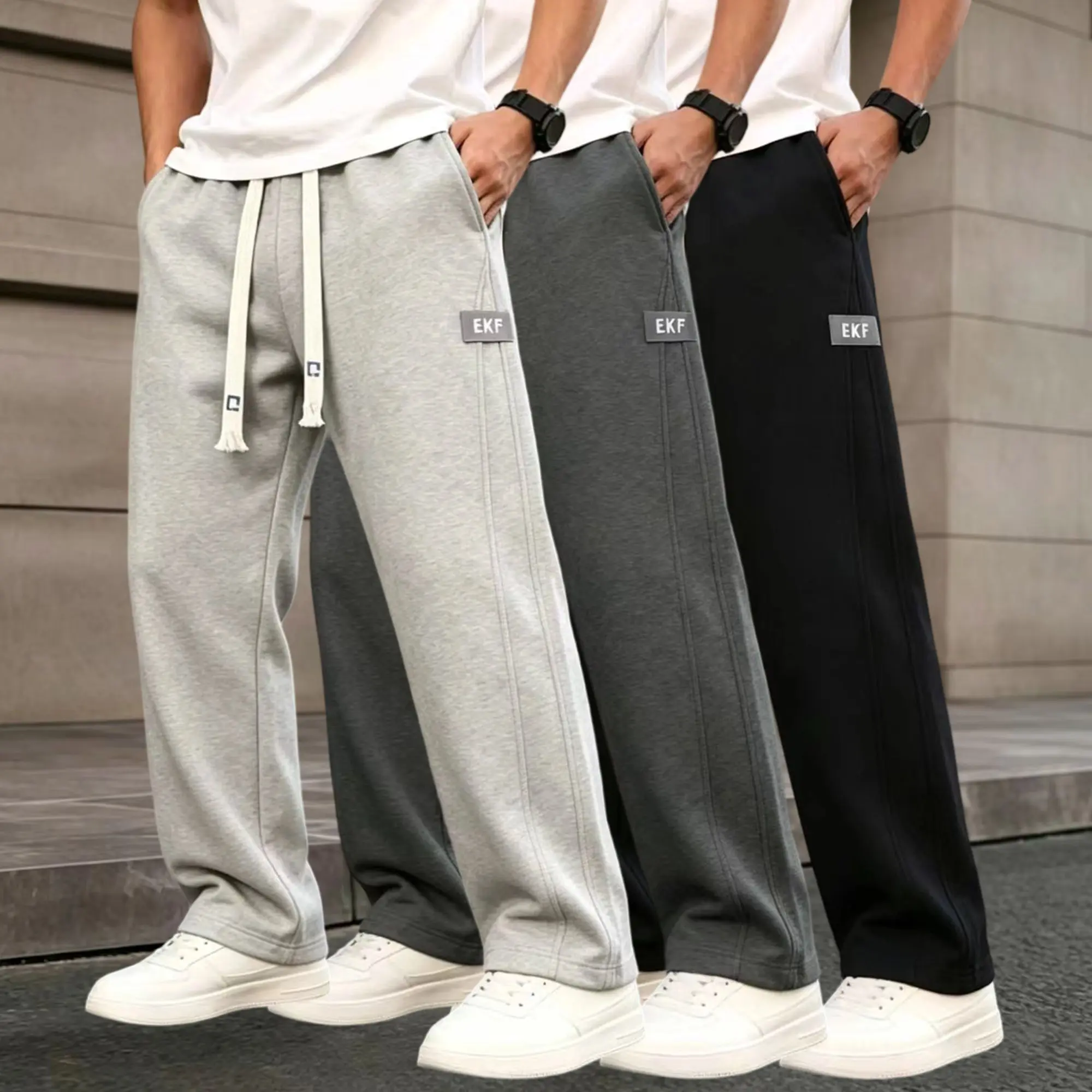 Men’s Cotton Wide-Leg Sweatpants - Solid Color Baggy Athleisure Track Pants, Trackpant with Drawstrings, Long Essential Sporty Casual Bottoms for Flawless Fit, Silhouette Elevation and Relaxed Style
