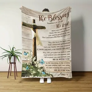 Retro Vintage Flannel Fabric Throw Blanket with Inspirational Print & Prayer Motif, 280GSM Fading-Resistant Soft Cozy Versatile Blanket for Indoor Outdoor Use, Bed or Sofa