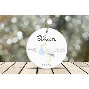 Newborn Baby Birth Stats Ornament of Stork for Boy