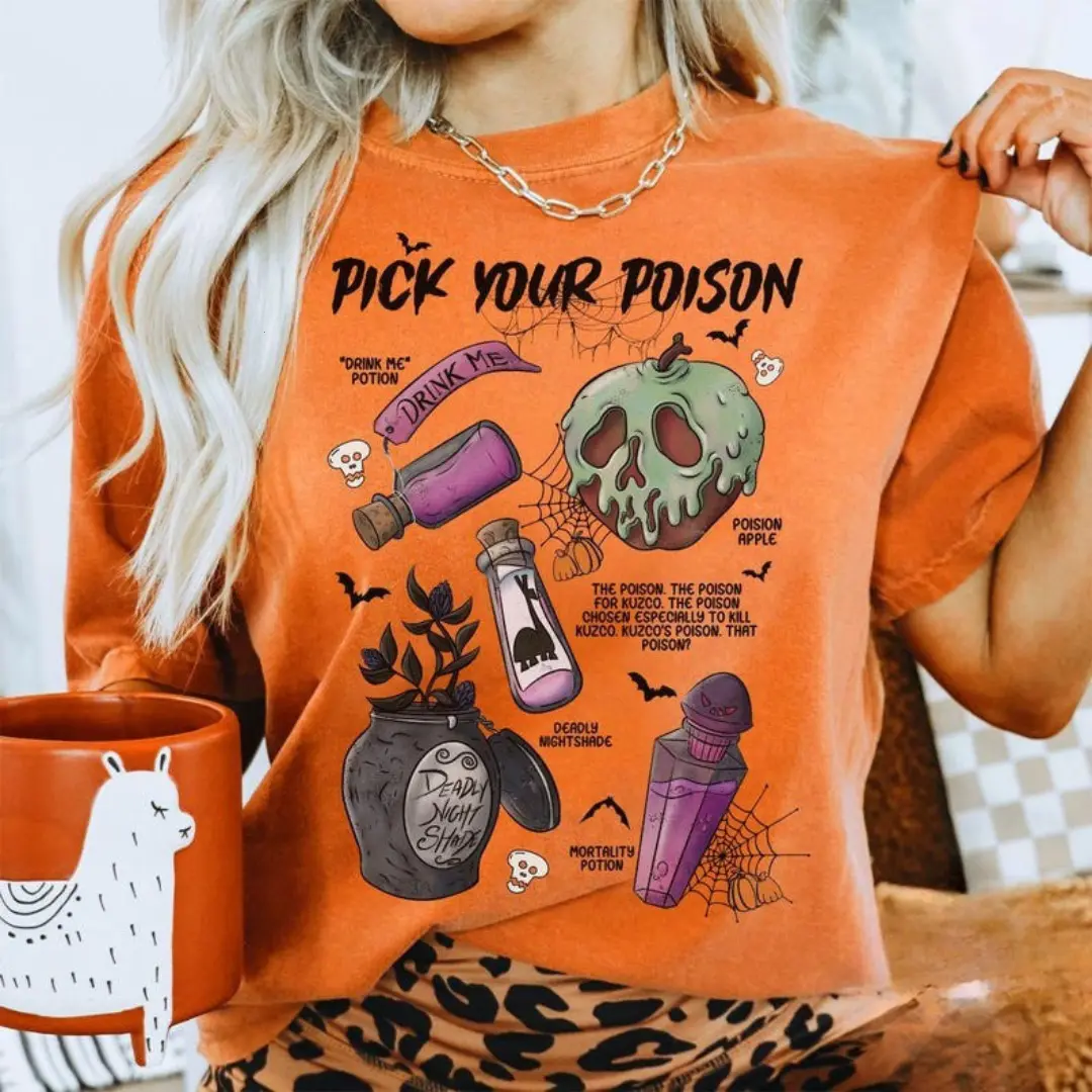 Women's Unisex Vintage Printed Casual Style T-Shirt - Pick Your Poison Tops, WDW Halloween Villains Poison Family Costume Outfit, Bad Witch Group Tee