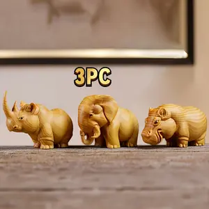 1 Set of 3pcs Elephant Rhino Hippo Wood Carving, Suitable for Home Decoration, Collectible Crafts, Living Room Office Desk Decoration, Festivals, Wooden House, Ideal Gift Ornaments