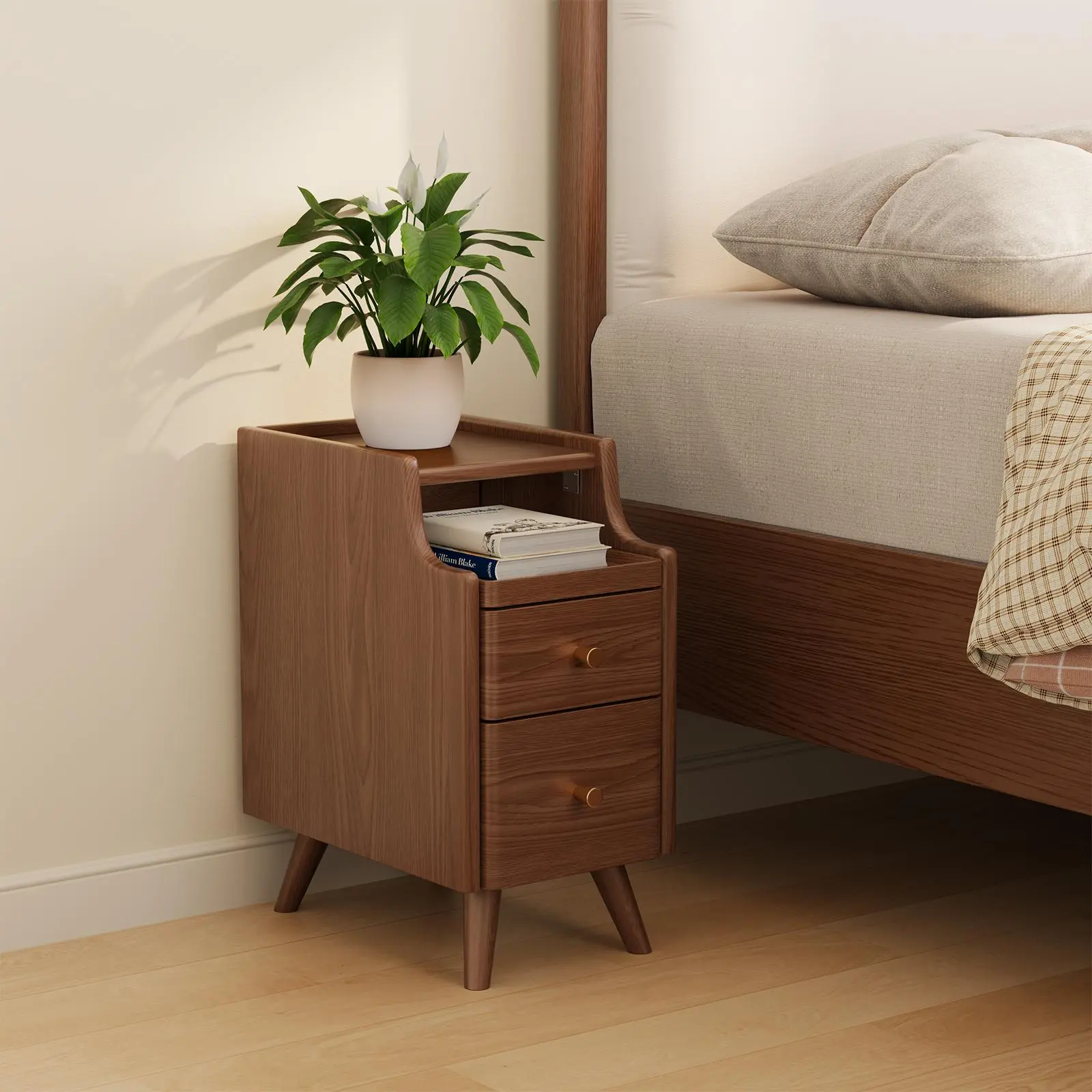 Solid Wood Furniture Small Nightstand - No MDF, Space-Saving Bedroom Bedside Table with Drawers
