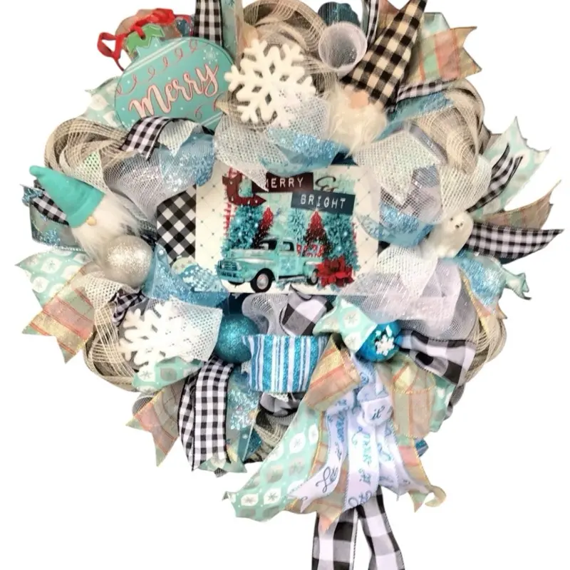 Christmas Wreath Whimsical Teal Gnome & Truck Wreath with Festive Snowflake and Plaid Accents for Holiday Decor