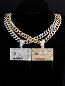 1pcs Street Punk Iced Out Blingbling Cuban Chain Necklace, Card Pendant for Men & Women, Hip Hop Jewelry Accessory Perfect for Festivals & Daily Wear, Cuban Link