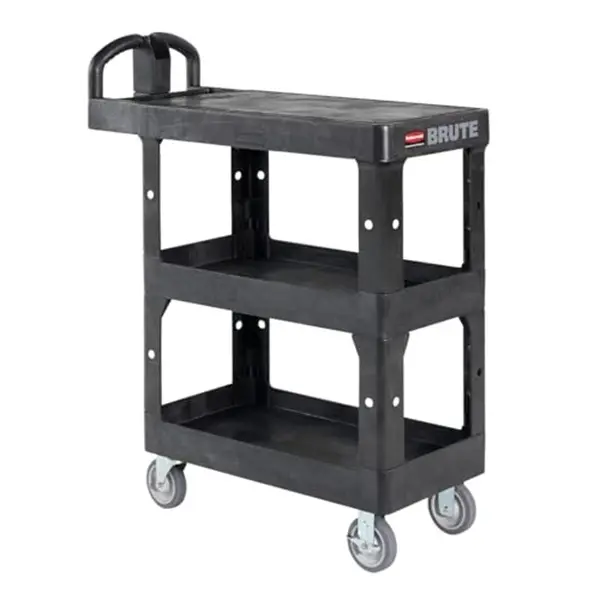 Rubbermaid Commercial Products RCP2203280 Brute Heavy Duty 3-Shelf Utility & Service Cart with Flat Top Shelves, Ergonomic Handle, Black - Small