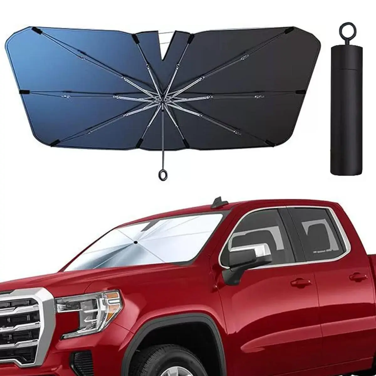 Collapsible Automotive Windshield Sun Shade – Umbrella-Style Foldable Front Sun Barrier, UV Protection Heat Insulating, Pull Ring Design No Scratch Dashboard, Universal Fit for Pickup SUV MPV Truck