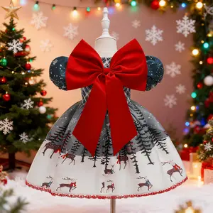 128 Christmas puff sleeve printed puffy bow holiday performance party evening dress