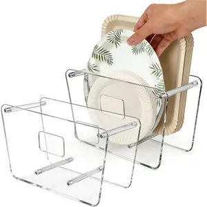 2 Pack Paper Plate Dispenser for 5-12 Inch,Acrylic Paper Plate Holder for Disposable Foam Plastic Plates, Space-Saving Plates Organizer for RV, Pantry, Party (Clear)