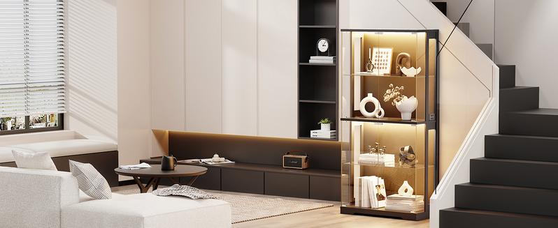 BROTTAR Display Cabinet with Glass Doors, 4-Tier Curio Cabinet with 3 Color Lights for Collectibles, 65" Lighted Glass Display Case with Transparent Full-Display Surface, Human Body Sensor, Black