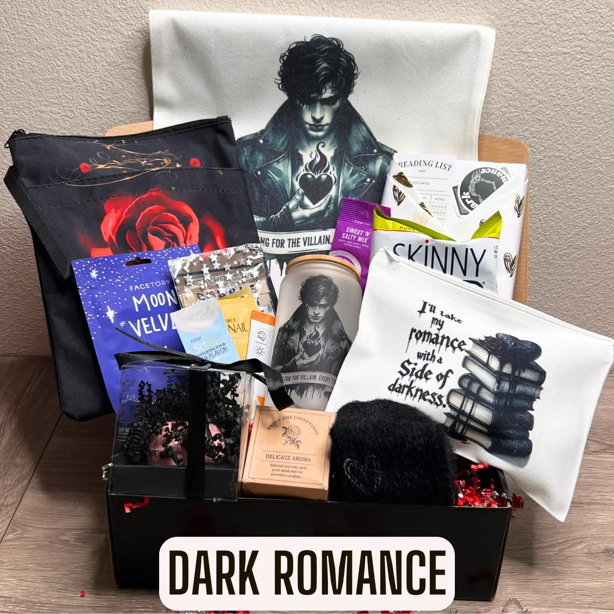 Book Boyfriend Dip, Sip, & Flip Book Box - Deluxe Blind Date With A Surprise Book, 16 Oz Glass Cup, Bath Bomb, and Canvas Bag Included Gift Set