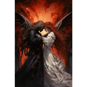 1PC 5D diamond painting 2D flat printing Diamond Painting Kit Gothic Angel Couple with Red Fire Background DIY Rhinestone Embroidery Art Home Decor Wall Decorations Gift for Adults and Kids