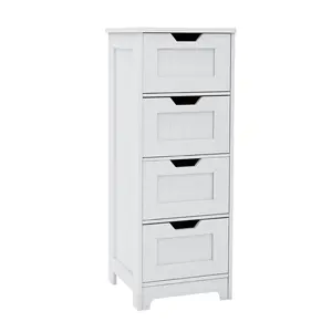 White Freestanding Storage Cabinet with 4 Drawers, Rectangular MDF Floor Organizer for Bathroom Living Room Kitchen, UV Painted Scratch Resistant Finish, Space Saving Multi Functional Tall Cabinet for Home Storage
