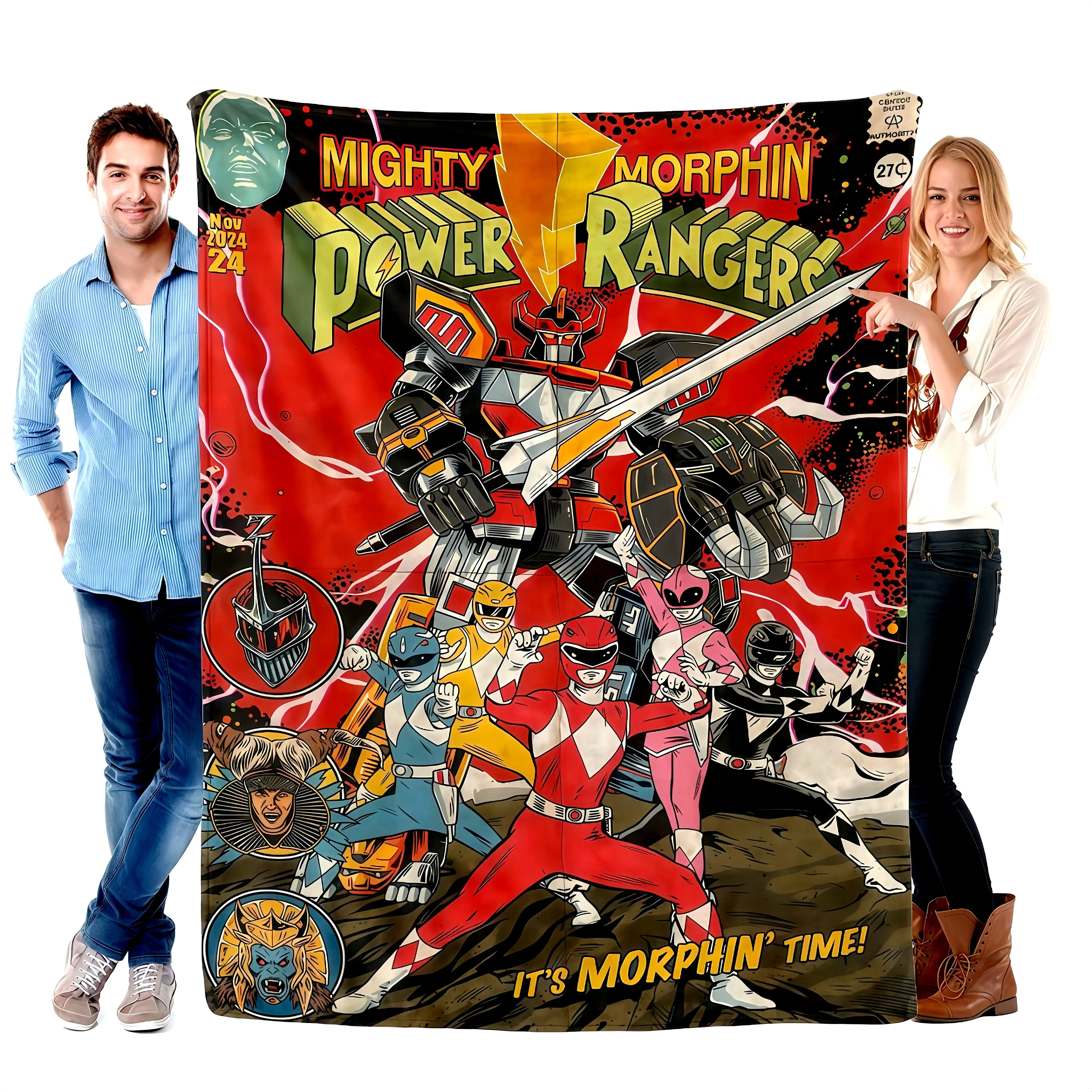 Mighty Morphin Power Rangers Flannel Blanket - Red Ranger, Black Samurai Graphic - Soft Warm Throw for Bed, Couch, Dorm Decor - Nostalgic 90s TV Show Gift for Fans - Machine Washable All-Season Use  Skin-friendly, lightweight and soft Warm nap Blanket