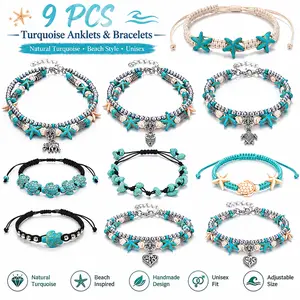 9Pcs Bohemian Natural Turquoise Bracelets Anklet Set Retro Multi-layer Starfish Bead, Turtle Shell, Star, and Elephant Pendant Chain Ethnic Handmade Stackable Braided Ankle Chain Vacation Travel Beach Bracelet Jewelry Summer Holiday Wear Accessories