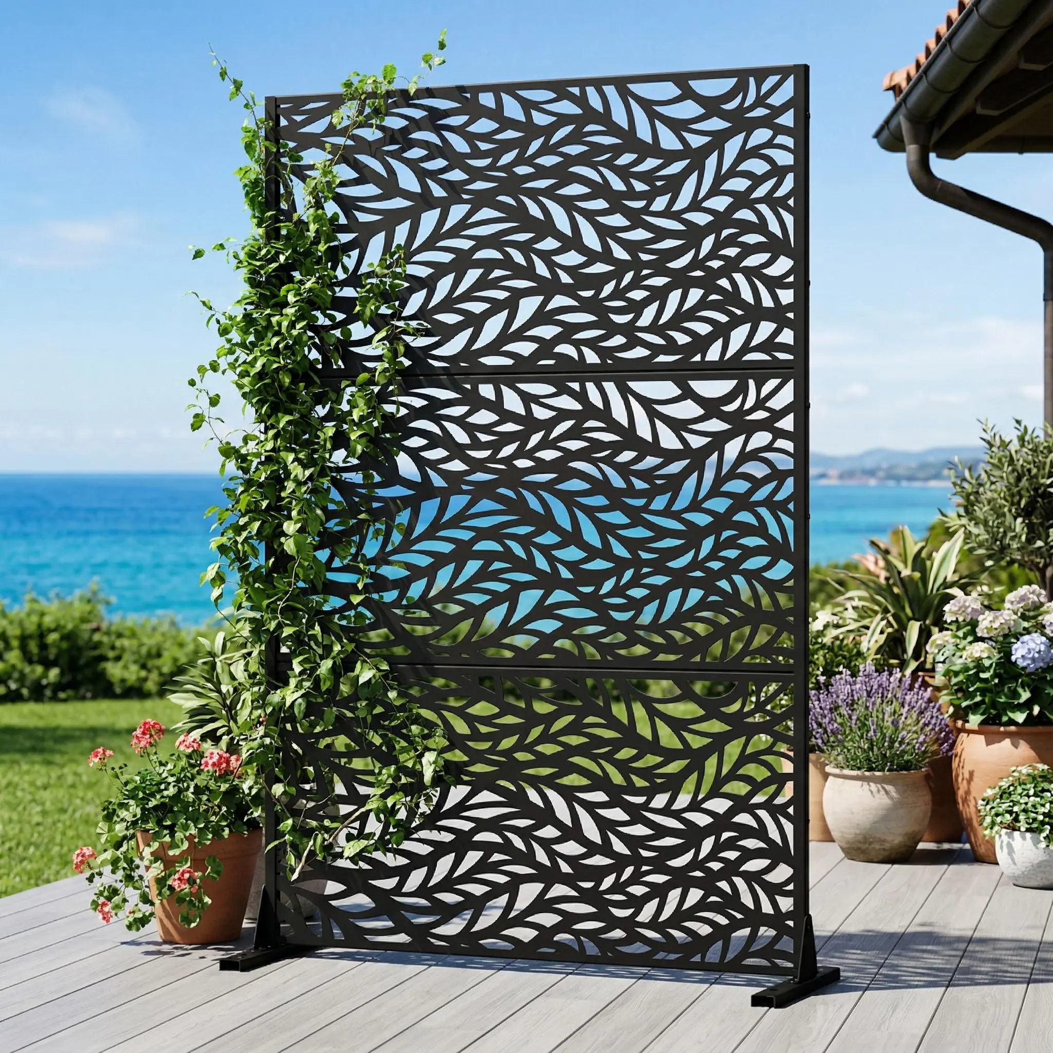 72"x47" Decorative Metal Privacy Screen, Outdoor Freestanding Galvanized Steel Fence Panels, Weather Resistant Garden Privacy Divider for Patio, Backyard, Indoor & Outdoor Use