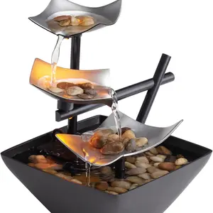 Tabletop Water Fountain - 8.25” Tall with Automatic Pump, Deep Basin & Natural River Rocks for Indoor Zen Relaxation