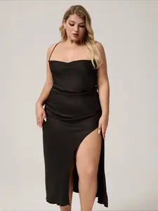 Plus Size Satin Midi Nightgown, Cowl Neck Spaghetti Strap, High Slit Design, Soft Silk-Like Fabric, Elegant Bedroom Sleepwear
