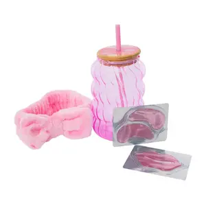 Luminous Pink Beauty & Mason Jar Gift Set Includes plush headband, eye patches, and lip mask Makeup Cosmetic Tumbler Girls Women trending viral