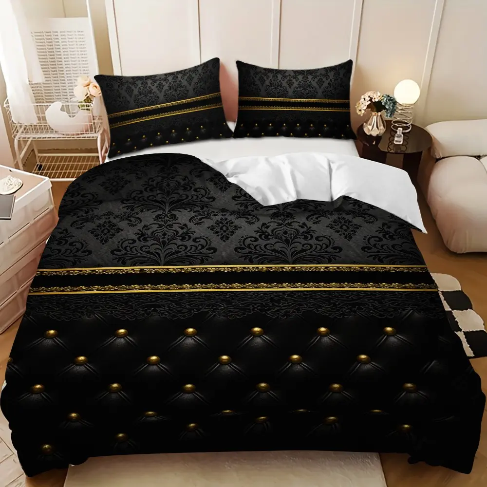Bedding 3-piece set - 3PCS,black and gold classic patterned down comforter set (1 comforter cover + 2 pillowcases, filling not included). Soft Bedding Sets, soft and comfortable, suitable for family bedrooms. Decorative Theme Bedding Set