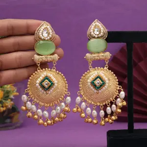 Amrapali Gold Plated Earrings with Kundan Stones, Delicate Beads, Elegant Design, Unisex, Ideal for Any Occasion