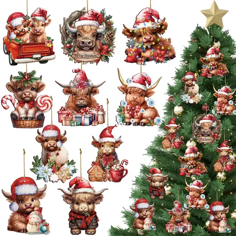 Gejoy Christmas Decor 40pcs Wooden Highland Cow Handing Western Cow Decorations Christmas Tree Ornament for Christmas Party Indoor Outdoor Home Xmas Tree, Gift for Family Friends Cattle Lover, Festive Christmas Decor, Christmas Decorations