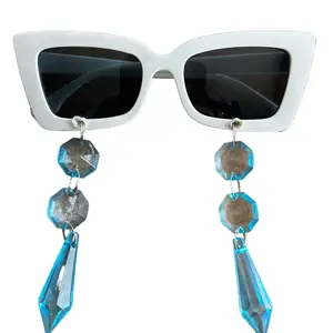 White Cat-Eye Sunglasses with Blue Crystal Drops