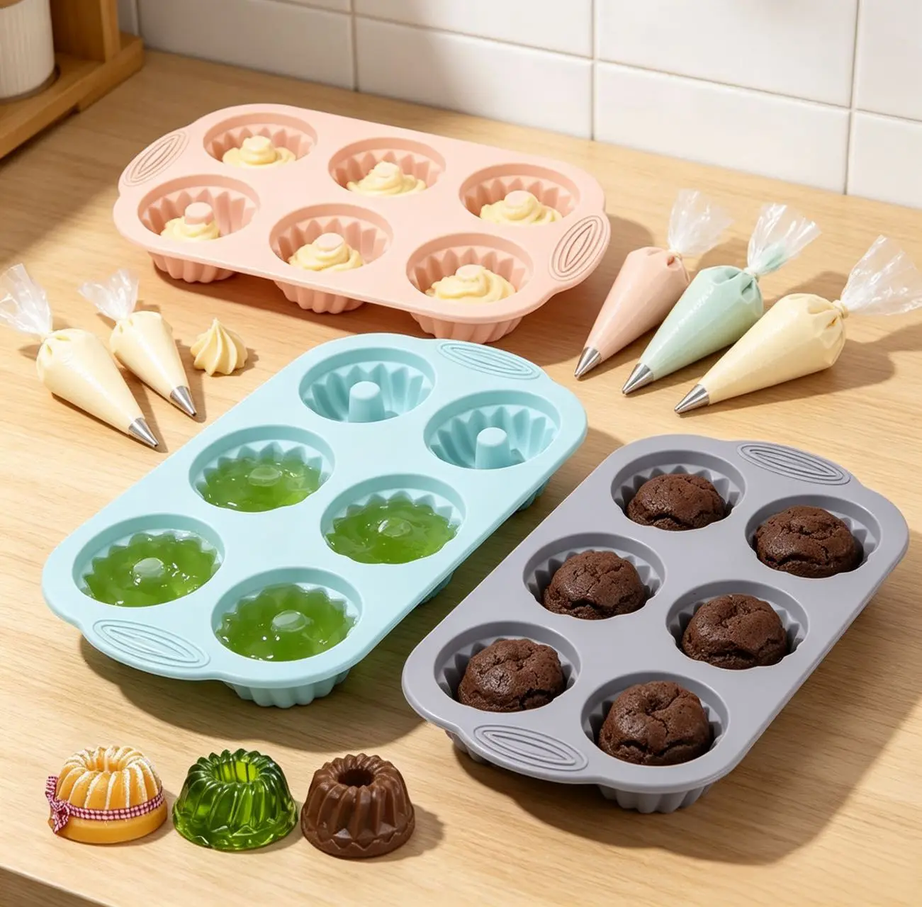 Silicone Baking Fluted Tin Set - Set of 3 6-Cavity Non-Stick Tube Bakeware, 11.2" x 6.5" x 1.6" Silicone Freezer Molds for Oven, Birthday Bundt Cakes, Mini Jello Treats, Easy Release