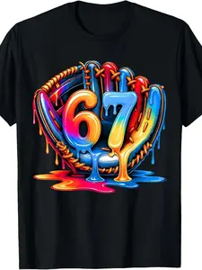 Baseball Drip Ice Cream 67 Baseball Lifestyle 101 T-Shirt |   Boys' and Girls' Soft Tops, Casual Style, Crew Neck, Geometric Pattern, Short Sleeve, Sizes 120-160 for Spring/Summer