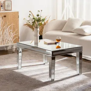 Modern Mirrored Coffee Table for Living Room Luxury Cocktail Center Table with Silver Mirror Finish Rectangular Small Coffee Table with Shining Crystal Edge