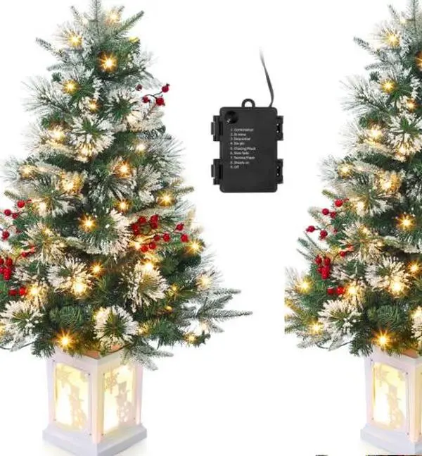 3ft Plastic Flocked Mini Christmas Tree Decor Set - Uncorded Multi-Function Festive Home Decorative Indoor Decoration, Imitation Fiber Optic, 78 Lights, 8 Modes, Battery Box, Snowman Light Box, 2-in-1 Design