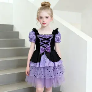 Girls’ purple-and-black polka dot princess dress with sequin bow design; children’s dress; Baidu dance costume/formal attire; birthday party; stage performance outfit