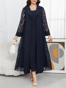 Plus Size Women's Navy Lace Two-Piece Set, Elegant Long Cardigan and Tank Dress, Slimming and Stylish, Perfect for Office and Dates