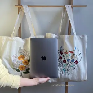 Floral Embroidered Canvas Tote: Boho Style Bag with Secret PocketNew Year Gift