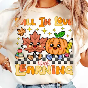 Retro Teacher Fall Shirt, Fall in Love with Learning Tshirt, Groovy Pumpkin Teacher Tee, Thanksgiving Autumn School Shirt